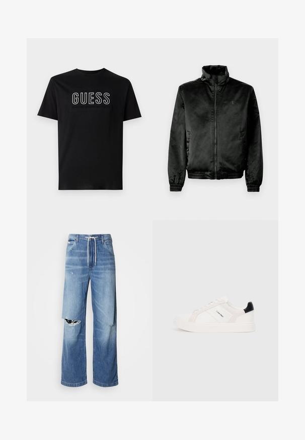 Chaqueta bomber negra hecha de un tejido suave y brillante, con cuello alto, cierre de cremallera frontal y puños y dobladillo elásticos. Branding mínimo en el pecho.; Camiseta de algodón negra con el logo "GUESS" en blanco, con el texto "EST 1981 CLÁSICO ESTILO AMERICANO" abajo. Mangas cortas, cuello redondo.; Jeans de mezclilla azul claro con un corte holgado, que presentan un cordón blanco en la cintura y desgastes distintivos en la parte frontal, mostrando bordes deshilachados.; Zapatillas blancas con acentos en rosa claro y negro, que presentan paneles de cuero suave y gamuza, punta redonda y suela plana de goma.