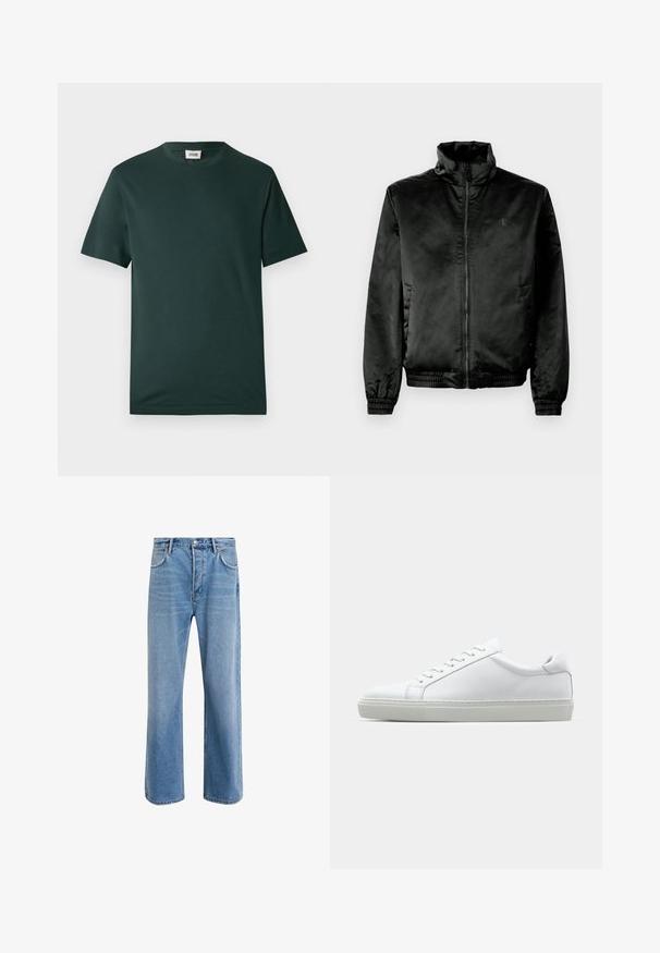 Black bomber jacket made of smooth, shiny fabric with a high collar, zip front, and elasticized cuffs and hem. Minimal branding on chest.; Dark green short-sleeve T-shirt made of smooth cotton, featuring a crew neck and a relaxed fit, with no visible patterns or embellishments.; Light blue denim jeans with a straight-leg design, five pockets, button closure, minimal fading, and contrasting stitching details.; White sneaker with a smooth leather upper and a low profile. Features a rounded toe, six eyelets, and a textured rubber sole.