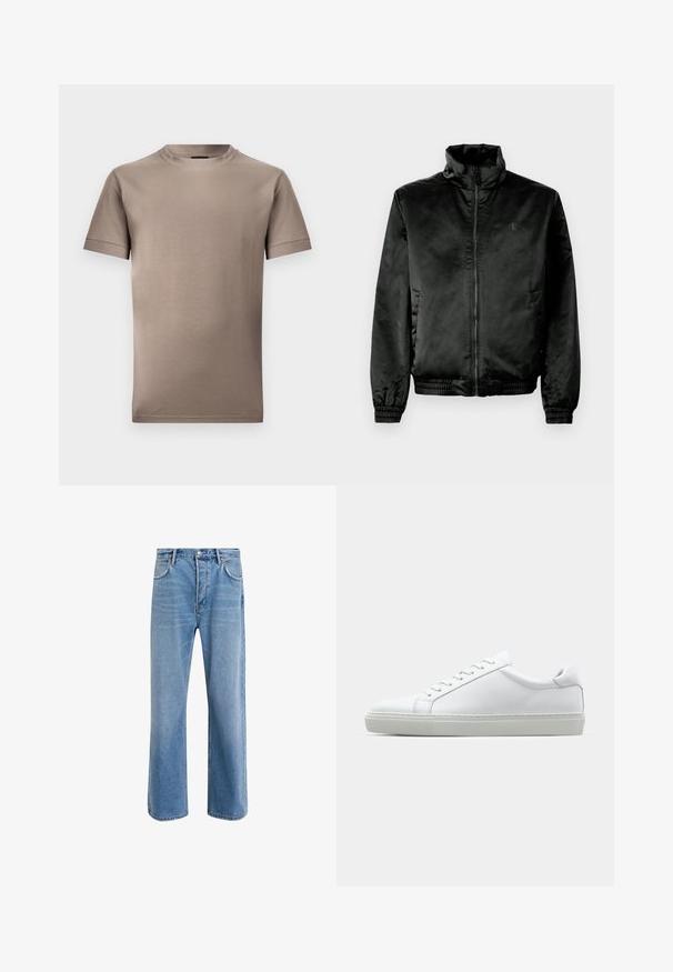Black bomber jacket made of smooth, shiny fabric with a high collar, zip front, and elasticized cuffs and hem. Minimal branding on chest.; Brown short-sleeve t-shirt made of smooth fabric, featuring a round neckline and hemmed sleeves with a clean, simple design.; Light blue denim jeans with a straight-leg design, five pockets, button closure, minimal fading, and contrasting stitching details.; White sneaker with a smooth leather upper and a low profile. Features a rounded toe, six eyelets, and a textured rubber sole.