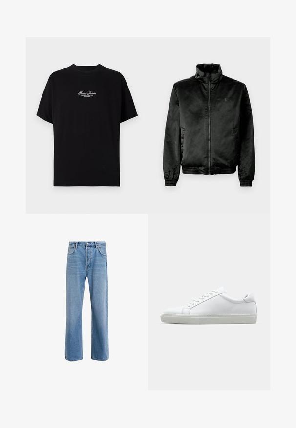 Must mustrõng, läikivast kangast must bomber-jakk, millel on kõrge krae, lukuga eesmine osa ning elastsed varruka- ja alumised ääred. Minimalistlik bränding rinnal.; Must mustade lühikeste varrukatega t-särk, mis on valmistatud puuvillast. Rinnas on valge tikitud tekst "Guess Jeans American Tradition California".; Heledad sinine teksapüksid otse lõikega, viie taskuga, nupuga sulgemine, minimaalne kulumine ja kontrastsed õmbluse detailid.; Valge tennisetoss, millel on sile nahk pealis ja madal profiil. Omab ümarat ninaosa, kuut silmust ja tekstuuriga kummist talda.