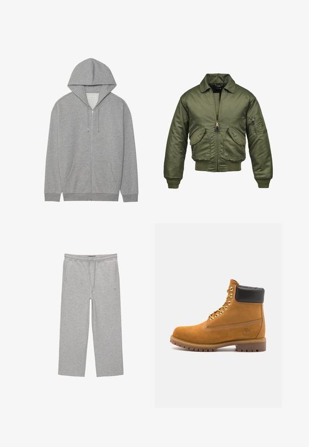 Jachetă bomber verde măsliniu, material nylon, închidere cu fermoar, manșete și tiv cu nervuri, două buzunare frontale și un buzunar cu clapă pe mână.; Hanorac gri cu fermoar, cu o glugă mare, buzunare frontale și mansete ribbate. Fabricat dintr-un material moale, texturat, cu o croială confortabilă.; Tricou alb cu mânecă scurtă, confecționat din bumbac, cu un decolteu rotund și o croială lejeră. Textură netedă, fără modele sau accente vizibile.; Pantaloni de lounge gri din bumbac, cu un brâu elastic, șnur și două buzunare laterale; design cu picior drept, textură moale, fără modele.; Cizmă de gleznă din întoarsă de culoare bej, cu guler negru căptușit, ochiuri din metal auriu, detalii de cusătură albă și talpă din cauciuc robustă, cu un model pronunțat.