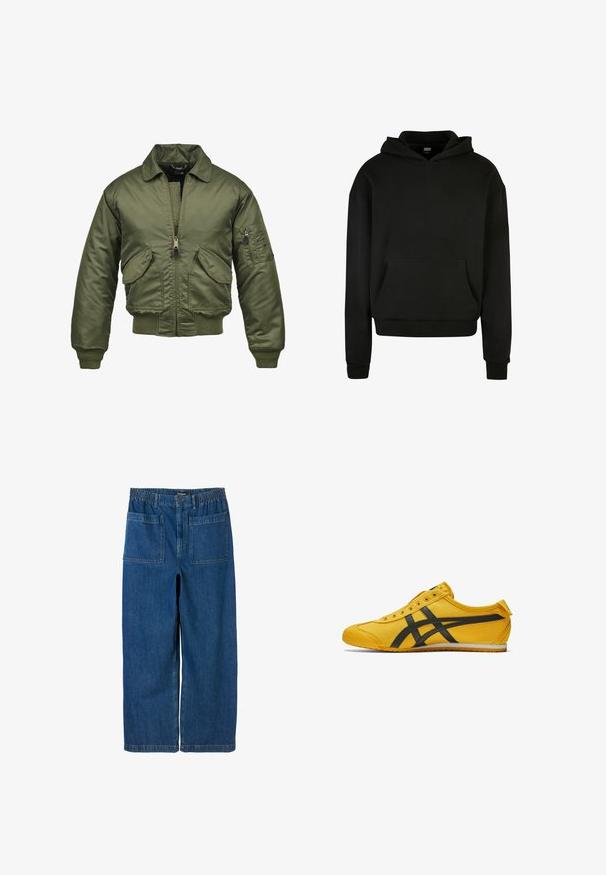 Olivgrön bomberjacka, nylonmaterial, dragkedja, ribbade ärmslut och nederkant, två framfickor samt en lapplåda på ärmen.; Svart huvtröja i mjukt tyg, med en ficka fram, ribbade mudd och en avslappnad stil.; Desigual LONG POCKETS - Jeans relaxed fit - blue; Gul canvas-sko med svarta accentränder, rund tå och låg profil. Har sex öglor, strukturerad tyg och en gummisula.