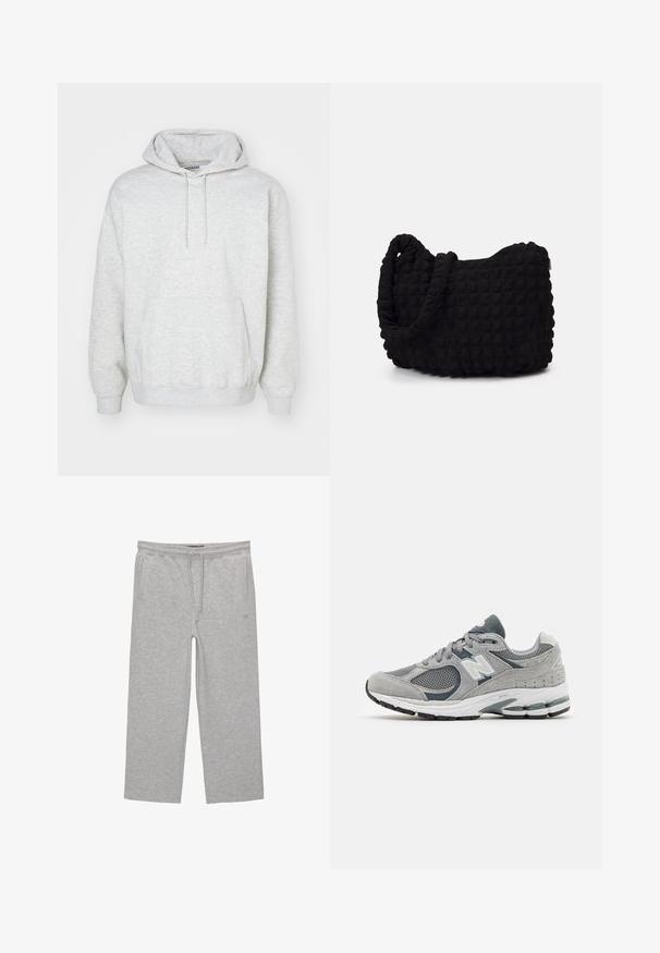 Maslinasto zeleni bomber jakna, nylon materijal, zatvaranje na zip, rebrasti manžeti i donji deo, dva prednja džepa i jedan džep s patchom na rukavu.; Svijetlosiva dukserica od mekog materijala, s prednjim džepom, podesivom kapuljačom i rebrastim manžetama i rubom.; Sive cotton hlače za opuštanje s elastičnim pojasom, vezicom i dva bočna džepa; ravni kroj, mekana tekstura, bez uzoraka.; Sivi tenisice izrađene od mrežastih i antilop materijala, s bijelim logotipom, podstavljenim okvirom i teksturiranom gumom potplatom. Akcenti u tamnijoj sivoj boji.; Crna platnena torba s teksturiranim, kviltanim uzorkom. Okrugli oblik, kratke, debele ručke i meka, fleksibilna struktura.