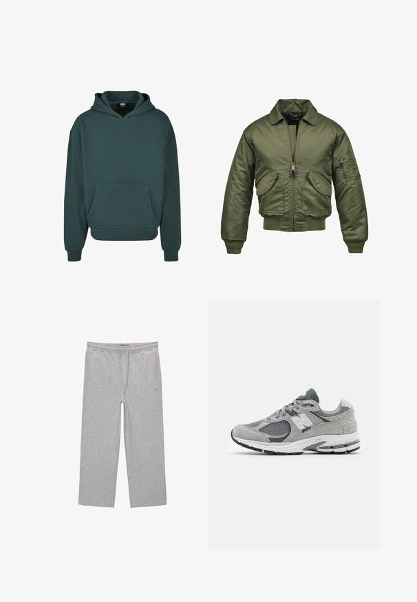Olíva zöld bomber dzseki, nylonszövetből készült, cipzáros záródás, bordás mandzsetták és alsó szegély, két elülső zseb, valamint egy folt zseb a tenyéren.; Zöld kapucnis pulóver puha anyagból, kenguruzsebes kialakítással, laza szabással, bordás mandzsettákkal és szegéllyel, dupla rétegű kapucnival.; Szürke pamut loungewear nadrág elasztikus derékkal, zsinórral és két oldalsó zsebbel; egyenes lábú kialakítás, puha textúra, minta nélkül.; Szürke sneaker hálós és velúr anyagból, fehér logóval, párnázott bokarésszel és texturált gumitalppal. Sötétebb szürke kiegészítők.
