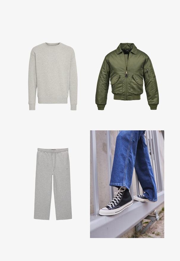 Olivengrøn bomberjakke, nylonmateriale, lynlås lukning, ribbede manchetter og kant, to frontlommer og en lappelomme på ærmet.; Grå sweatshirt lavet af blød bomuldsblanding, med rund halsudskæring og ribbede manchetter. Enkelt design uden mønstre eller accenter.; Grå bomulds-loungebukser med elastisk talje, snor og to sidelommer; lige ben-design, blød tekstur, uden mønstre.; Sorte høj-top sneakers med hvid sål og snørebånd, parret med løse blå denimjeans, hvilende på et gråt gelænder.