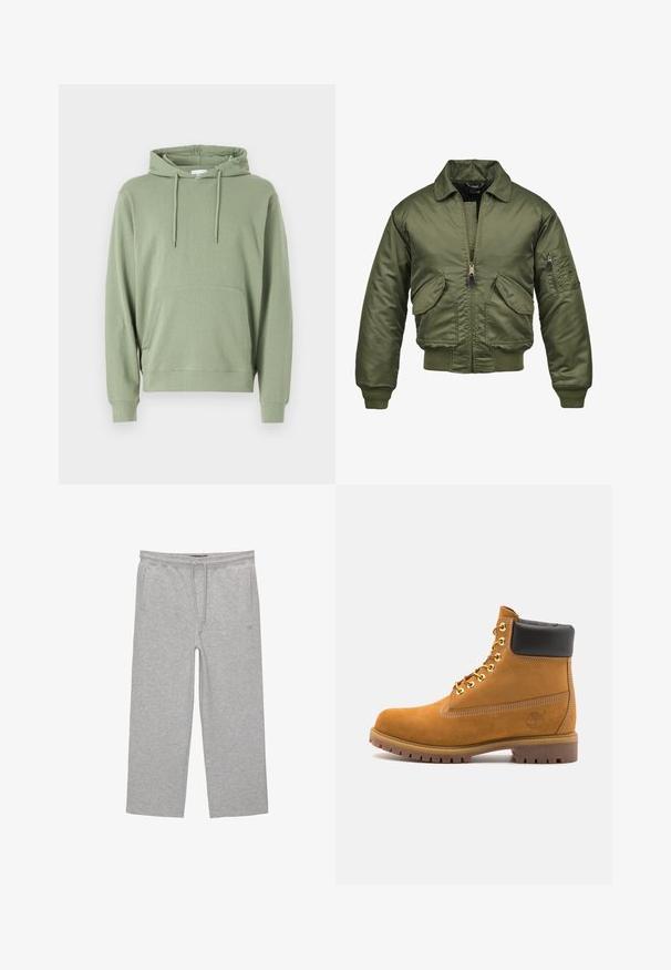 Kurtka bomber w oliwkowym kolorze, wykonana z nylonu, z zapięciem na zamek błyskawiczny, ściągaczami na mankietach i dolnym brzegu, dwiema przednimi kieszeniami oraz kieszenią na rękawie.; Kaptur z długim rękawem w jasnoniebieskim kolorze z mieszanki bawełny, z kieszenią z przodu i sznurkiem do regulacji dopasowania.; Szare bawełniane spodnie dresowe z elastycznym pasem, sznurkiem i dwoma bocznymi kieszeniami; prosty krój nogawki, miękka tekstura, bez wzorów.; Beżowe zamszowe botki sięgające kostki z czarną wyściełaną krawędzią, złotymi oczkami, białymi detalami szycia oraz wytrzymałą gumową podeszwą z wyraźnym bieżnikiem.