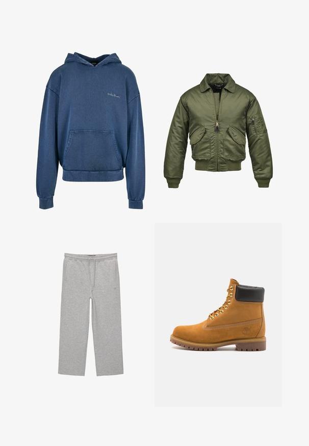 Olíva zöld bomber dzseki, nylonszövetből készült, cipzáros záródás, bordás mandzsetták és alsó szegély, két elülső zseb, valamint egy folt zseb a tenyéren.; Denim kék kapucnis pulóver elülső zsebbel, állítható kapucnival és bordázott mandzsettával. Egyszerű hímzés díszíti a mellrészt. Klasszikus átvetős dizájn.; Szürke pamut loungewear nadrág elasztikus derékkal, zsinórral és két oldalsó zsebbel; egyenes lábú kialakítás, puha textúra, minta nélkül.; Barna velúr bokacipő fekete párnázott gallérral, arany fém fűzőlyukakkal, fehér varrási részletekkel és durva gumitalppal, amelynek kifejezett barázdái vannak.