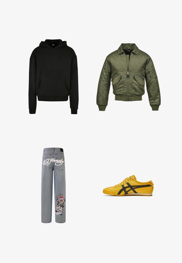 Béžová bombera ve olivové barvě, nylonový materiál, zipové zapínání, žebrované manžety a lem, dvě přední kapsy a náprsní kapsa na rukávu.; Černá mikina s kapucí vyrobená z měkké tkaniny, s přední kapsou, potrubkovými manžetami a volným střihem.; Světle modré džínové kalhoty širokého střihu s vyšívaným nápisem "Ed Hardy" bílou barvou a barevným grafickým designem lebky s křídly.; Žlutá plátěná bota s černými akcentními pruhy, kulatou špičkou a nízkým profilem. Má šest dírek, texturovanou tkaninu a gumovou podrážku.