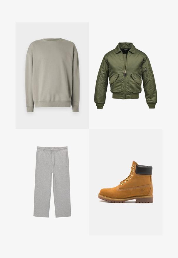 Olivengroene bomberjack, nylon materiaal, rits sluiting, ribgebreide manchetten en zoom, twee voorzakken en een patch pocket op de mouw.; Lichtgrijze sweatshirt met een eenvoudige ronde hals, lange mouwen en geribbelde manchetten, gemaakt van zachte stof met een gladde textuur.; Grijze katoenen loungebroeken met een elastische tailleband, trekkoord en twee zijzakken; rechte pijpen, zachte textuur, zonder patronen.; Tan suède enkelboot met zwart gevoerd kraagje, gouden metalen oogjes, witte stikdetails en een robuuste rubberen zool met uitgesproken profiel.