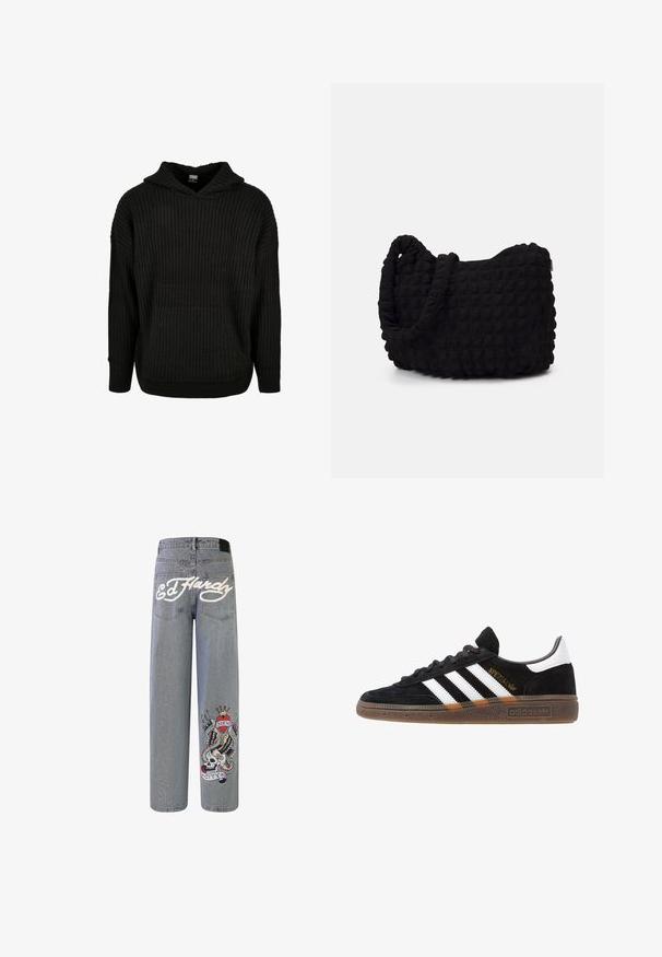 Oliivinvihreä pommitakki, nyloniaineinen, vetoketjukiinnitys, ribattuja hihoja ja helmaa, kaksi etutaskua ja päällystasku hihassa.; Mustapintu ribattua neulehupparia, jossa on etutasku ja kiristettävä huppu. Ominaisuuksia ovat löysä istuvuus ja kuvioitu pinta kankaassa.; Vaaleansinisiä farkkuja, joissa on leveät lahkeet, ja joissa on valkoisella brodeerattu "Ed Hardy" sekä värikäs graafinen kuvasto, jossa on pääkallo siippien kanssa.; Mustat Adidas-nikeset, joissa on valkoiset raidat, kultaiset "Spezial"-tekstiset, kumipohja ja valkoinen kantapää, esitetty sivuprofiilissa.; Musta kangaspussi, jossa on teksturoitu, tikkikuvio. Pyöreä muoto, lyhyet, paksut kahvat ja pehmeä, joustava rakenne.