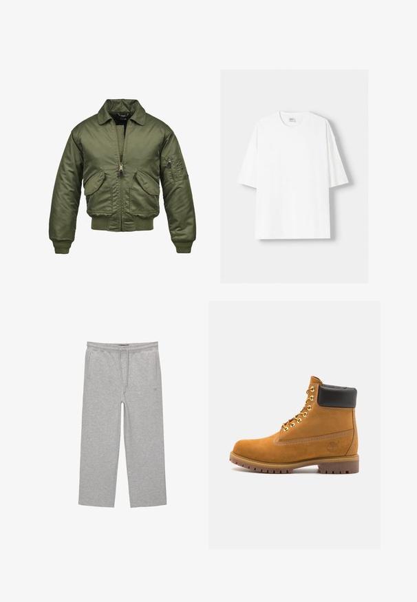 Kurtka bomber w oliwkowym kolorze, wykonana z nylonu, z zapięciem na zamek błyskawiczny, ściągaczami na mankietach i dolnym brzegu, dwiema przednimi kieszeniami oraz kieszenią na rękawie.; Biała koszulka z krótkim rękawem wykonana z bawełny, z okrągłym dekoltem i luźnym krojem. Gładka faktura, bez widocznych wzorów lub akcentów.; Szare bawełniane spodnie dresowe z elastycznym pasem, sznurkiem i dwoma bocznymi kieszeniami; prosty krój nogawki, miękka tekstura, bez wzorów.; Beżowe zamszowe botki sięgające kostki z czarną wyściełaną krawędzią, złotymi oczkami, białymi detalami szycia oraz wytrzymałą gumową podeszwą z wyraźnym bieżnikiem.