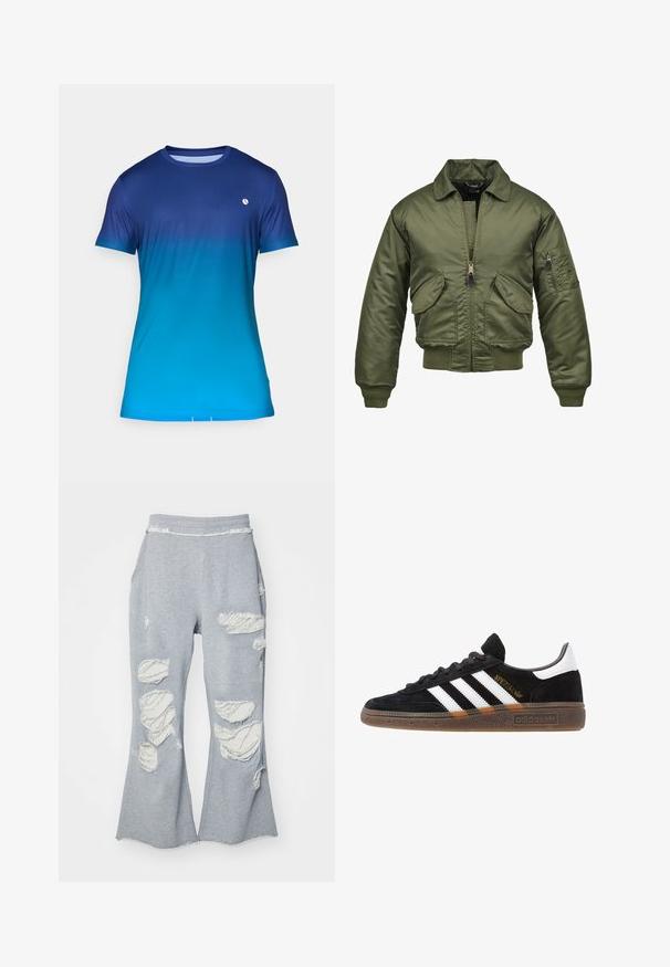 Kurtka bomber w oliwkowym kolorze, wykonana z nylonu, z zapięciem na zamek błyskawiczny, ściągaczami na mankietach i dolnym brzegu, dwiema przednimi kieszeniami oraz kieszenią na rękawie.; Niebieski gradientowy t-shirt z krótkim rękawem, charakteryzujący się gładką teksturą, okrągłym dekoltem oraz małym logo na piersi.; Szare dresy z szerokimi nogawkami, zdobione wieloma przetarciami odsłaniającymi jaśniejszy materiał. Elastyczny pas dla komfortu.; Czarny sneaker Adidas z białymi paskami, złotym napisem "Spezial", gumową podeszwą i białym elementem przy pięcie, przedstawiony w widoku z profilu.