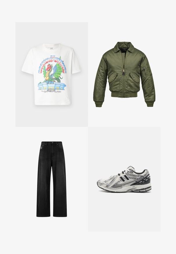 Jachetă bomber verde măsliniu, material nylon, închidere cu fermoar, manșete și tiv cu nervuri, două buzunare frontale și un buzunar cu clapă pe mână.; Tricou alb din bumbac, cu un print grafic colorat reprezentând un dragon și un stadion, având textul "The Rolling Stones" în litere îndrăznețe și stilizate.; Pantaloni din denim negri cu talie înaltă, cu croială largă, având patru buzunare și un mic etichetă cu logo pe față. Textură netedă, design simplu.; Pantofi de alergare pentru bărbați, din plasă albă cu accente negre, dotati cu o talpă amortizată, design cu șireturi și o suprafață texturată pentru aderență.