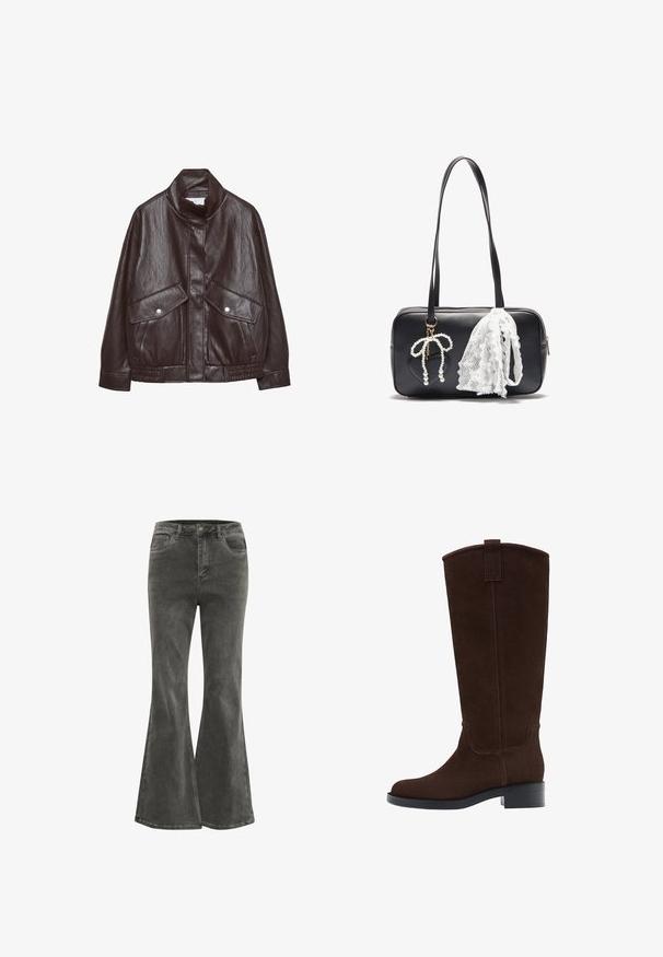 Hnědá kožená bunda s vysokým límcem, dvěma velkými předními kapsami, akcenty na patentky a elastickým pasem. Texturovaný, matný povrch.; Olivově zelený svetr s dlouhým rukávem a žebrovaným límcem, manžetami a spodním lemem, vystavený na bílém pozadí.; Kaffe KASINEM - Široké džíny - medium grey denim; Hnědé semišové vysoké kozačky s kulatou špičkou, jemným prošíváním a nízkým blokovým podpatkem; mají poutko na vrchu pro snadné oblékání.; Even&Odd Kabelka - black