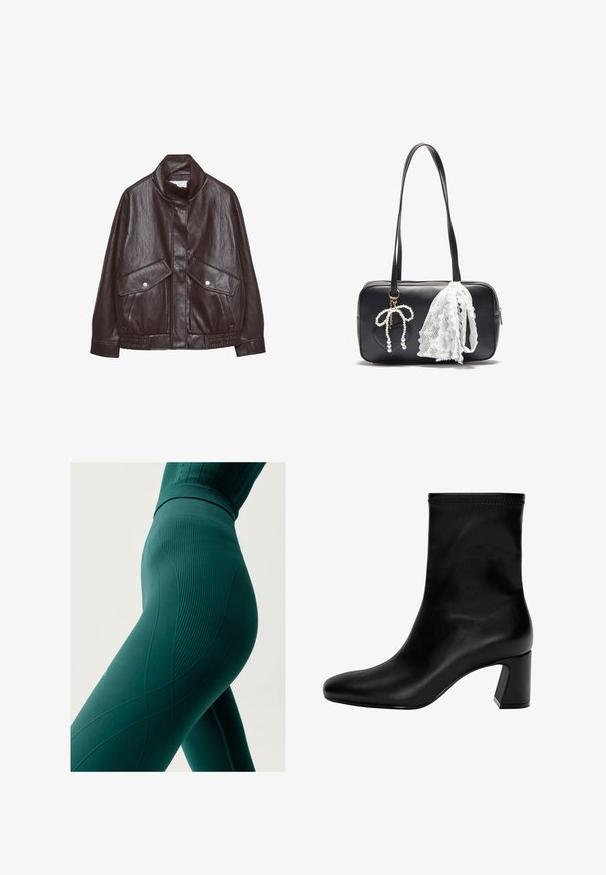 Hnědá kožená bunda s vysokým límcem, dvěma velkými předními kapsami, akcenty na patentky a elastickým pasem. Texturovaný, matný povrch.; Olivově zelený svetr s dlouhým rukávem a žebrovaným límcem, manžetami a spodním lemem, vystavený na bílém pozadí.; Zelené legíny s vysokým pasem, ribbovanou texturou a vlnitým vzorem; obtáhlý design se přizpůsobuje tělu a má zdůrazněné švy.; Černé kotníkové boty vyrobené z hladké kůže. Mají čtveratou špičku, elastický vršek a masivní podpatek pro stabilitu. Minimalistický design.; Even&Odd Kabelka - black