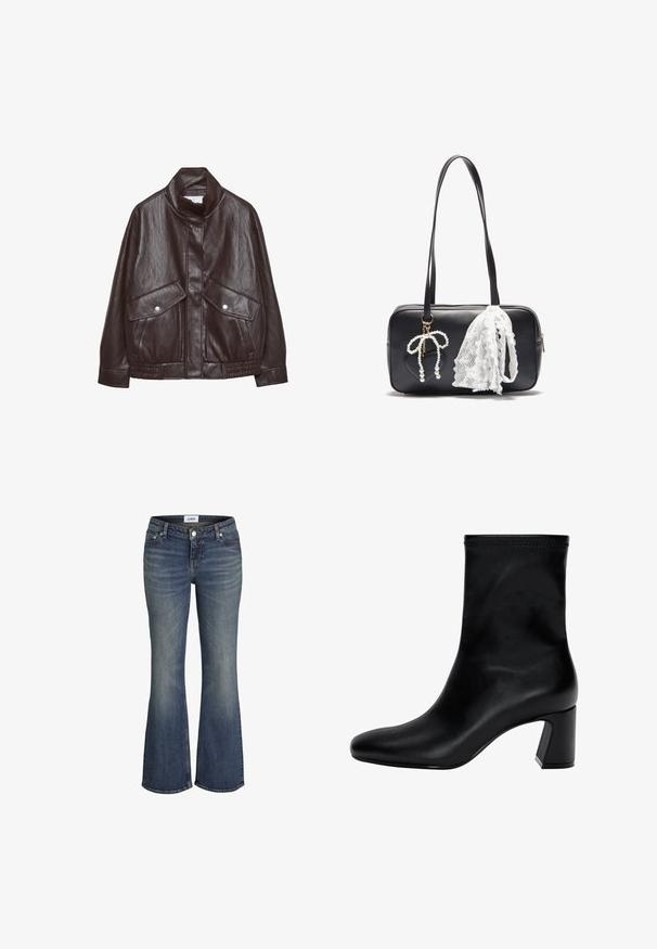 Hnědá kožená bunda s vysokým límcem, dvěma velkými předními kapsami, akcenty na patentky a elastickým pasem. Texturovaný, matný povrch.; Olivově zelený svetr s dlouhým rukávem a žebrovaným límcem, manžetami a spodním lemem, vystavený na bílém pozadí.; Modré denimové džíny s mírným blednutím na stehnech a kolenou, s předním knoflíkem a zipem, s bootcut střihem.; Černé kotníkové boty vyrobené z hladké kůže. Mají čtveratou špičku, elastický vršek a masivní podpatek pro stabilitu. Minimalistický design.; Even&Odd Kabelka - black