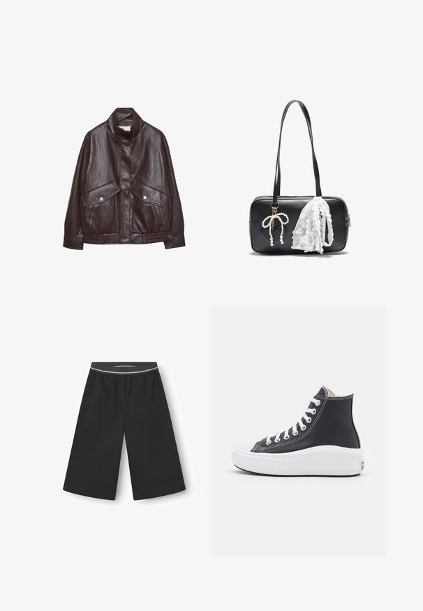 Brown leather jacket with a high collar, two large front pockets, snap button accents, and an elasticated waistband. Textured, matte finish.; Olive green long-sleeve pullover sweater with ribbed mock neck, cuffs, and hem, displayed flat on a white background.; Black wide-leg pants made of lightweight fabric. Features an elastic waistband with a subtle decorative stripe. Smooth texture, no pockets.; Black high-top sneaker with white laces and rubber sole. Features a smooth leather texture and white stitching accents.; Even&Odd Handbag - black