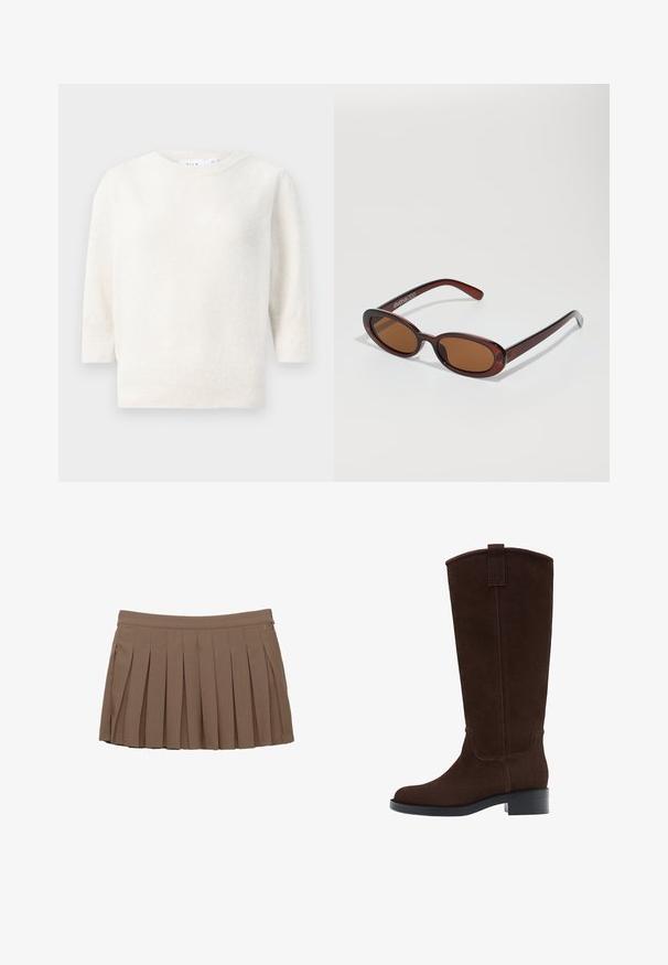 Veste en cuir marron avec un col haut, deux grandes poches avant, des accents de boutons-pression et une taille élastiquée. Fini texturé et mat.; Pull en tricot blanc avec un col rond, des manches mi-longues et un ourlet côtelé. Texture douce, tissu léger et sans motifs visibles.; Jupe mini plissée marron avec une taille et un subtil logo sur le côté sur fond blanc.; Bottes en suède marron, hautes jusqu'au genou, avec un bout rond, des coutures discrètes et un petit talon carré ; elles sont dotées d'une lanière à l'arrière pour faciliter l'enfilage.; Lunettes de soleil rondes teinte brun avec une monture bordeaux brillante. Branches fines avec un détail de marque subtil. Design de verres plats.; Sac à main en cuir tissé marron avec une forme triangulaire et souple. Il possède une poignée tressée et une fermeture éclair sur le dessus.