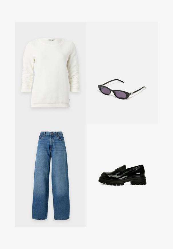 Veste en cuir marron avec un col haut, deux grandes poches avant, des accents de boutons-pression et une taille élastiquée. Fini texturé et mat.; Sweat-shirt blanc à manches longues avec un motif texturé, col rond et poignets côtelés. Tissu doux avec une coupe décontractée.; Jean en denim bleu à jambe large avec un design classique à cinq poches. Comprend une fermeture à bouton et un léger délavage pour ajouter de la texture.; Mocassins en cuir verni noir avec une semelle en caoutchouc épaisse, texture lisse et un petit détail de bande à l'avant. Possède un design profil bas.; Gucci Lunettes de soleil - black/grey; Sac à épaule en cuir de vachette brun et crème avec une sangle en cuir lisse, fermeture zippée et une surface douce et texturée présentant un motif naturel.