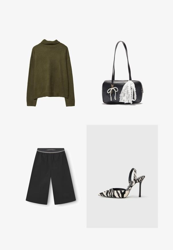 Ruskea nahkatakki, jossa on korkea kaulus, kaksi suurta etutaskua, nepparikoristeita ja elastinen vyötärö. Raskas, mattapintainen viimeistely.; Oliivinvihreä pitkähihainen neulepusero, jossa on ribbaus muotovalekäytävissä, hihansuissa ja helman kohdalla, asetettuna tasaisesti valkoista taustaa vasten.; Musta leveälahkeinen housut kevyestä kankaasta. Ominaisuuksiin kuuluu joustava vyötärö, jossa on hillitty koristeellinen raidoitus. Sujuva rakenne, ei taskuja.; Korkokenkät, joissa on kapea kärki ja avovartio musta-kermanraidallisessa kuviossa, ohuella korkealla korolla ja avonaisella takana sekä musta sisustus.; Even&Odd Käsilaukku - black