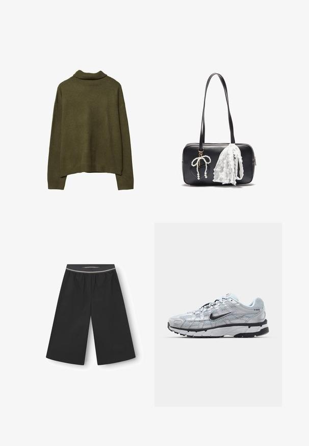 Braune Lederjacke mit hohem Kragen, zwei großen Fronttaschen, Druckknopf-Details und elastischem Bund. Strukturierte, matte Oberfläche.; Olivengrüner Pullover mit langen Ärmeln und geripptem Stehkragen, Bündchen und Saum, flach auf einem weißen Hintergrund präsentiert.; Schwarze weite Hosen aus leichtem Stoff. Mit einem elastischen Bund und einem dezenten dekorativen Streifen. Glatte Textur, ohne Taschen.; Nike P-6000 Sneakers mit einem Obermaterial aus leichtem grauem Mesh, schwarzen Akzenten und einer langlebigen schwarzen Gummisohle. Verfügt über ein komplexes Design und ein Schnürsystem.; Even&Odd Handtasche - black