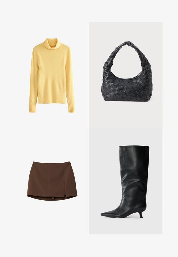 Rjava usnjena jakna z visokim ovratnikom, dvema velikima sprednjima žepoma, zaklepnimi gumbi in elastičnim pasom. Teksturujoča, mat končna obdelava.; Rumena rebrasta pulover s stojčkom in dolgimi rokavi ter teksturiranimi manšetami, prikazan na beli podlagi.; Rjava mini krilo iz gladkega blaga, z sprednjim razporkom, čistimi linijami in strukturirano prileganjem. Brez žepov ali izrazitih kovinskih detajlov.; Črne usnjene škornje do kolen s koničastim nosom in nizko peto, prikazane na enostavni svetli podlagi.; Črna usnjena torba za čez ramo z pletenim vzorcem, zaobljenim ročajem in oblika crescent na enobarvni podlagi.