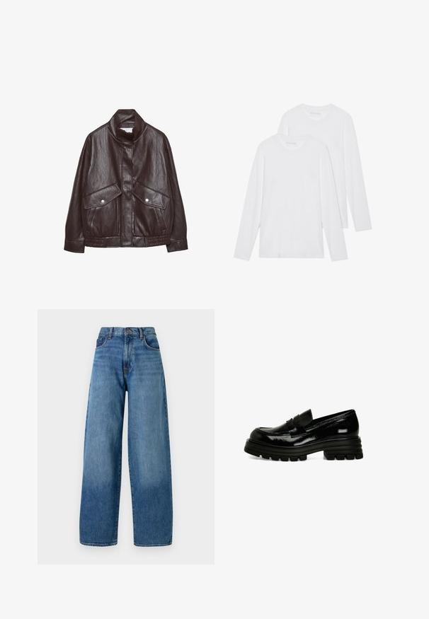 Ruskea nahkatakki, jossa on korkea kaulus, kaksi suurta etutaskua, nepparikoristeita ja elastinen vyötärö. Raskas, mattapintainen viimeistely.; Kaksi tavallista valkoista pitkähihalaista crewneck-paitaa, kerrostettuna siten, että toinen on hieman edessä toista valkoisella taustalla.; Löysät siniset farkut, joissa on klassinen viiden taskun muotoilu. Varustettu napin suljennalla ja kevyellä haalistumisella rakenteen vuoksi.; Musta patenttinen nahka loaferit paksulla kumipohjalla, sileällä pinnalla ja pienellä etuvaljastekniikalla. Ominaisuuksiin kuuluu matala profiili.