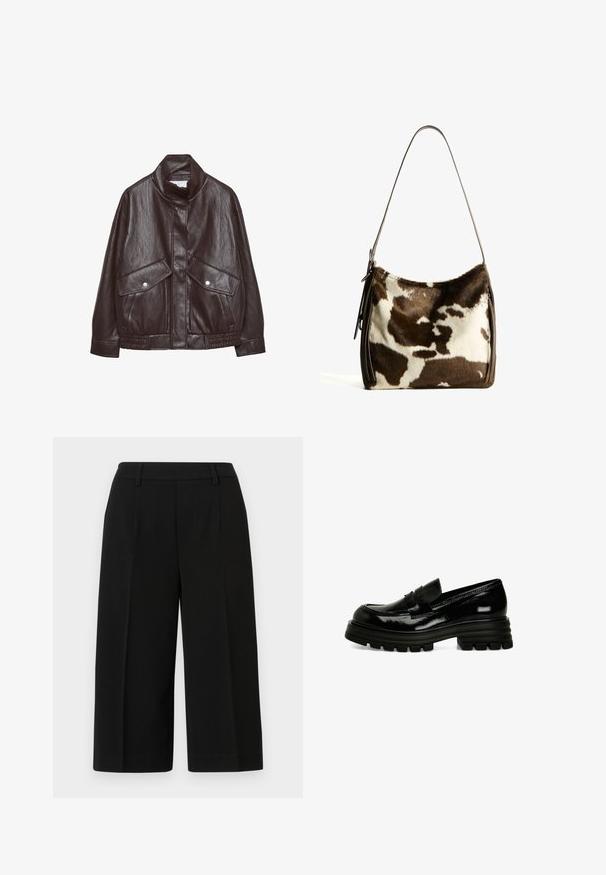 Ruskea nahkatakki, jossa on korkea kaulus, kaksi suurta etutaskua, nepparikoristeita ja elastinen vyötärö. Raskas, mattapintainen viimeistely.; Kaksi tavallista valkoista pitkähihalaista crewneck-paitaa, kerrostettuna siten, että toinen on hieman edessä toista valkoisella taustalla.; Musta, leveälahkeinen housu, jossa on räätälöity muotoilu, sileä pinta, eturessit ja tavallinen vyötärö.; Musta patenttinen nahka loaferit paksulla kumipohjalla, sileällä pinnalla ja pienellä etuvaljastekniikalla. Ominaisuuksiin kuuluu matala profiili.; Ruskea ja kerma cowhide-olkalaukku, jossa on sileä nahkahihna, vetoketju ja pehmeä, teksturoitu pinta, jossa on luonnollinen kuvio.