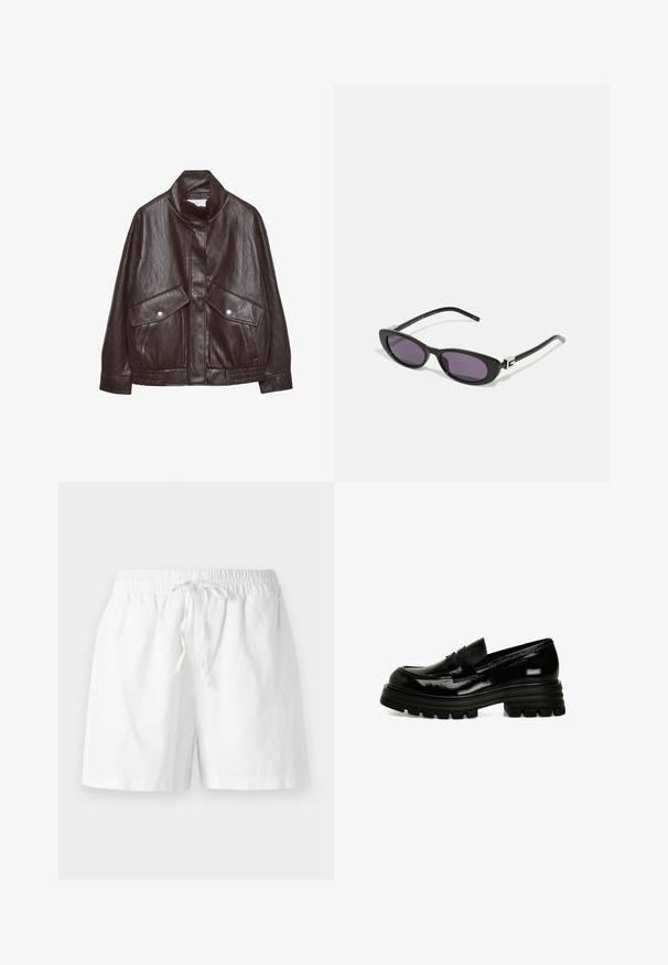 Veste en cuir marron avec un col haut, deux grandes poches avant, des accents de boutons-pression et une taille élastiquée. Fini texturé et mat.; Deux t-shirts à manches longues blancs, superposés l'un légèrement devant l'autre sur un fond blanc.; Shorts en coton blancs avec une taille élastique, des cordons de serrage et une coupe décontractée. Texture lisse et design longueur genou.; Mocassins en cuir verni noir avec une semelle en caoutchouc épaisse, texture lisse et un petit détail de bande à l'avant. Possède un design profil bas.; Gucci Lunettes de soleil - black/grey; Sac à épaule en cuir de vachette brun et crème avec une sangle en cuir lisse, fermeture zippée et une surface douce et texturée présentant un motif naturel.