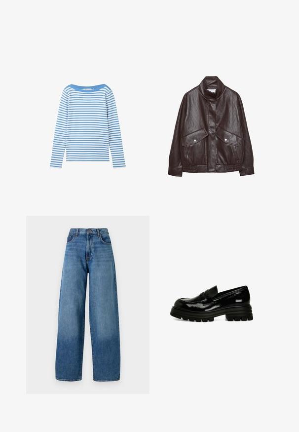 Rjava usnjena jakna z visokim ovratnikom, dvema velikima sprednjima žepoma, zaklepnimi gumbi in elastičnim pasom. Teksturujoča, mat končna obdelava.; TOM TAILOR DENIM Majica z dolgimi rokavi - blue white stripe; Široke modre kavbojke z običajnim pet-pocket dizajnom. Imajo zasuk z gumbom in svetlo zbledelost za teksturo.; Črne lakirane usnjene loaferje s debelim gumijastim podplatom, gladko teksturo in majhnim sprednjim trakcem. Imajo nizkoprofilno zasnovo.