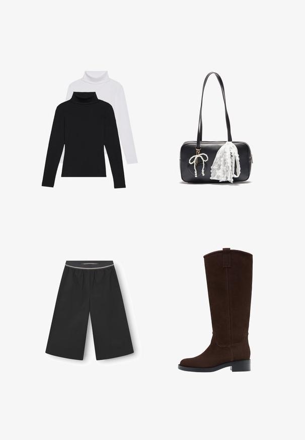 Brun læderjakke med højt krave, to store forlommer, trykknapdetaljer og elastisk talje. Tekstureret, mat finish.; Sorte og hvide langærmede turtlenecks stablet, lavet af ribbet stof, med tætsiddende former og høje kraver.; Sorte vide bukser lavet af letvægtsstof. Har en elastisk talje med en subtil dekorativ stribe. Glat tekstur, ingen lommer.; Brune ruskind over knæ støvler med en rund tå, diskrete syninger og en lav blokhæl; har en pull tab øverst for nem på- og aftagning.; Even&Odd Håndtasker - black