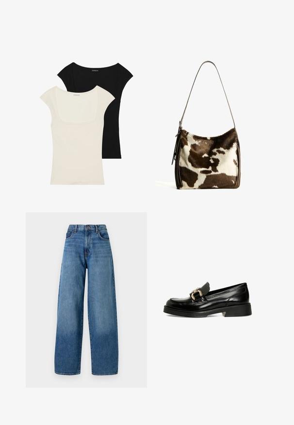 Brun læderjakke med højt krave, to store forlommer, trykknapdetaljer og elastisk talje. Tekstureret, mat finish.; To siddede kortærmede toppe: en sort og en off-white. Begge har en firkantet udskæring og ribbet tekstur, med en glat finish.; Bredde ben blå denimjeans med et klassisk fem-lomme design. Har en knaplukning og let falmning for tekstur.; Sorte læder loafers med en dekorativ guldspænde. Har en glat overflade, afrundet tå og en lav blokhælt med struktureret sål.; Brun og creme farvet koe læder skuldertaske med en glat læderrem, lynlås lukning og en blød, tekstureret overflade med et naturligt mønster.