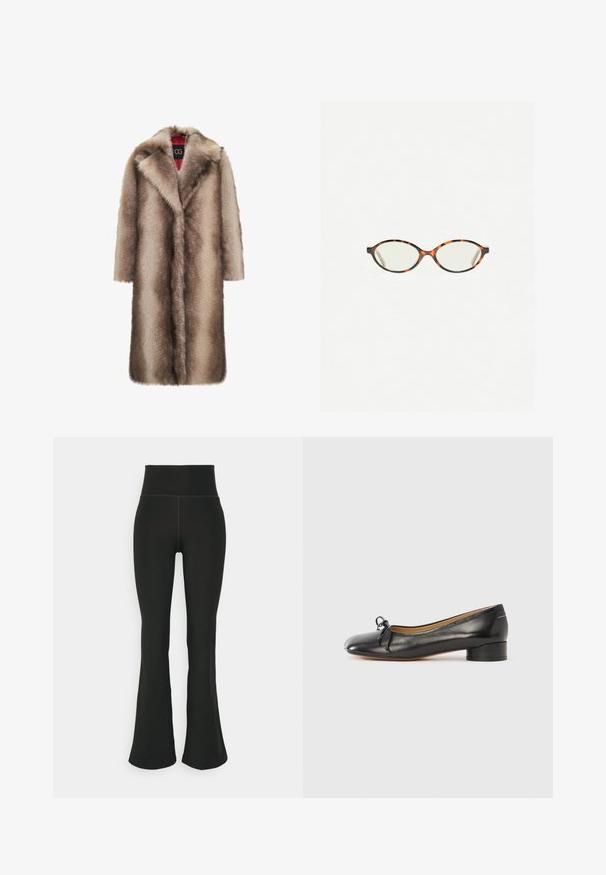 Cesare Gaspari Wintermantel - brown; Lichtgrijze crewneck sweatshirt met lange mouwen en geribde manchetten en onderkant, plat weergegeven op een witte achtergrond.; Blauwe gestreepte lange mouwen shirt met een knoopsluiting aan de voorkant, klassieke kraag en een enkele borstzak. Lichtgewicht stof met een relaxte pasvorm.; Zwarte flared leggings met een hoge tailleband, gemaakt van rekbaar materiaal. Gladde textuur met minimale stikdetails.; Zwarte leren ballerina met een afgeronde neus, een klein strikje aan de voorkant en een lage blokhak. Glad oppervlak en een minimalistisch ontwerp.; Kattenoogbril met ovale lenzen en een strakke, gladde afwerking. Heeft dunne zijkanten met een subtiele kromming bij de slapen. Transparante lenzen.