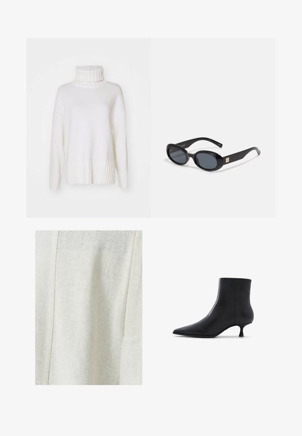 Cesare Gaspari Wintermantel - brown; Weißer Rollkragenpullover aus feinem Strickmaterial. Mit geripptem Muster am Kragen und Saum, sowie einem Design mit überschnittenen Schultern.; Helles beige Leinengewebe mit einem strukturierten Muster, das eine Nahtdetail und eine Seitentasche aufweist. Glatte Oberfläche mit feiner Webart.; ALDO EMMALIE - Stiefelette - black; Schwarze ovale Sonnenbrillen mit dunklen Gläsern, glänzendem Kunststoffrahmen, breiten Bügeln und einem kleinen goldenen Akzent auf einer Seite.