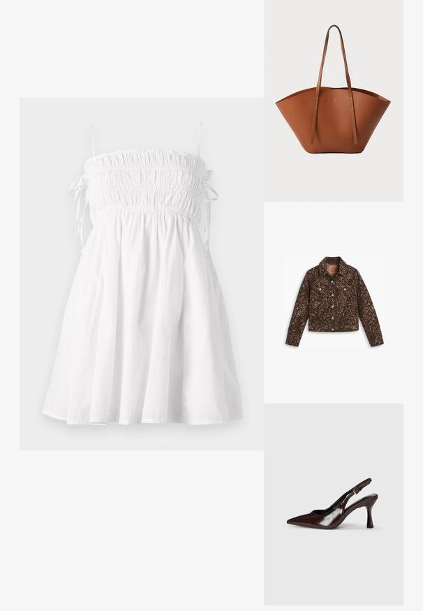 Leopardmønstret denimjakke med krave, knaplukning, to forlommer og cropped design i brune og sorte nuancer.; Hvit bomullssundress med smocket liv, tynne justerbare stropper og en vid skørt. Myk tekstur og lett design.; Brune lakkert skinn slingback hæler med spiss tå, tynn hæl og justerbar rem med en liten spenne.; Brun skinn totebag med en bred, strukturert form, tynne håndtak og en teksturert overflate. Har et minimalistisk design uten synlige detaljer.