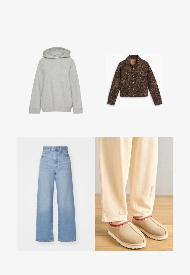 Leoparda raksta denima jaka ar apkakli, pogu aizdari, divām priekšējām kabatām un īsāku dizainu brūnos un melnos toņos.; Pelēks kapuci džemperis ar brīvu piegriezumu, ar garām piedurknēm, auklu un ribotu apročām. Izgatavots no mīkstas, tekstūrētas auduma.; Gaiši zili augstās jostas vidukļa platās bikses ar priekšējo pogu un rāvējslēdzēju, priekšējām un aizmugurējām kabatām uz baltā fona.; Gai brūni zamšādas klumpi ar sarkanu dekoratīvu apdari un baltu gumijas zoli, kombinēti ar gaiši bežām biksēm, uz koka grīdas.