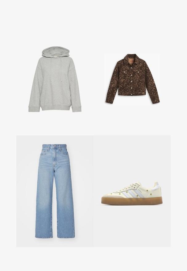 Leopardimustriga denimmantel, millel on krae, nööbikinnitus, kaks eesmist taskut ja lühendatud disain pruunides ja mustades toonides.; Hallus halli kapuutsiga sviiter, millel on mugav lõige, pikaaegsed varrukad, nöör ja soonikkoes mansetid. Valmistatud pehmest, tekstureeritud kangast.; Heledad sinine kõrge vöökohaga laiad teksad, ees nupp ja tõmblukk, ees ja taga taskud, valge tausta peal.; Kreem värvi spordijalatsid helesiniste triipudega, kummikummist tald ja dekoratiivsed kollased lillemotiivid pealmisel materjalil. Ümar nina disain.