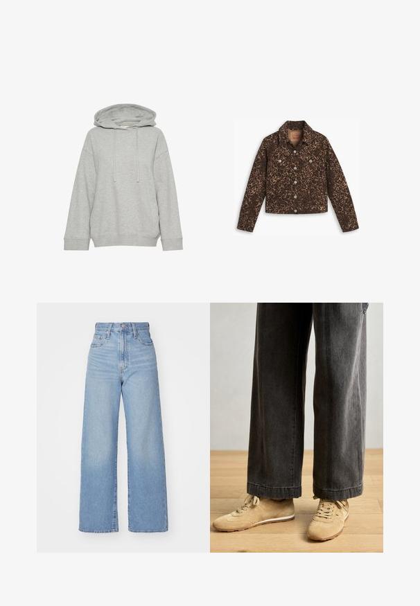 Leopárd mintás farmerdzseki, amely gallérral, gombos záródással, két elülső zsebbel és rövidített fazonnal rendelkezik barna és fekete árnyalatokban.; Szürke kapucnis pulóver laza szabással, hosszú ujjakkal, állítható zsinórral és bordás mandzsettákkal. Puha, textúrált anyagból készült.; Világoskék, magas derekú, bő szárú farmernadrág, elülső gombbal és cipzárral, elülső és hátsó zsebekkel, fehér háttérrel.; Beige velúr sportcipők fehér talppal, sötétszürke, bő szárú nadrággal párosítva. A nadrág tiszta szegéllyel és enyhén megkopott textúrával rendelkezik.