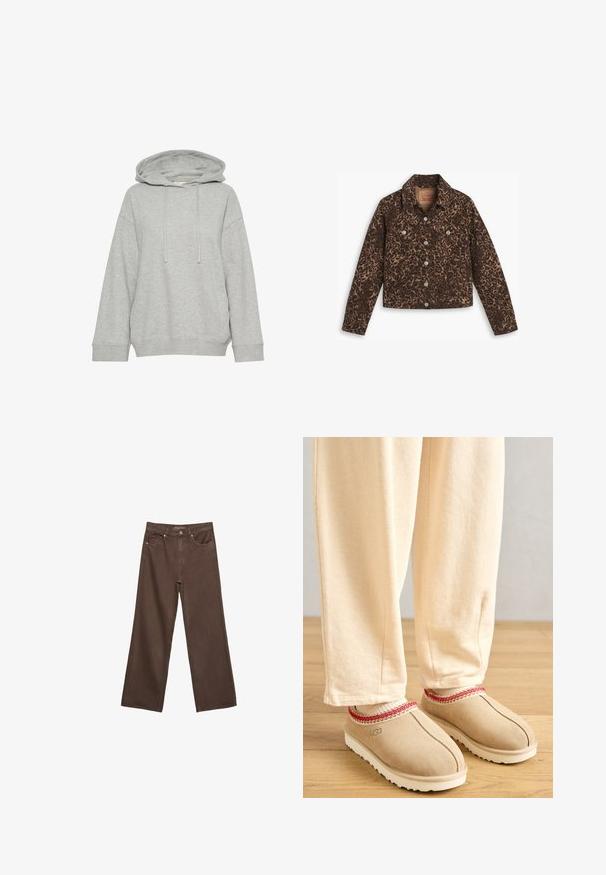 Jakna od traperice sa leopard uzorkom, koja ima ovratnik, zatvaranje na dugmad, dva prednja džepa i skraćeni dizajn u smešnim i crnim tonovima.; Siva dukserica s kapuljačom i opuštenim krojem, koja ima duge rukave, žicu za podešavanje i rebraste manžete. Izrađena od mekane, teksturirane tkanine.; Proširene smeđe traperice od denima, s visokim strukom, prednjim džepovima i klasičnom kopčom na dugme. Glatka tekstura s suptilnim šavovima.; Svijetlosmeđi suede klompe s crvenim dekorativnim rubom i bijelim gumenim potplatom, u kombinaciji sa svijetlosmeđim hlačama, postavljene na drveni pod.