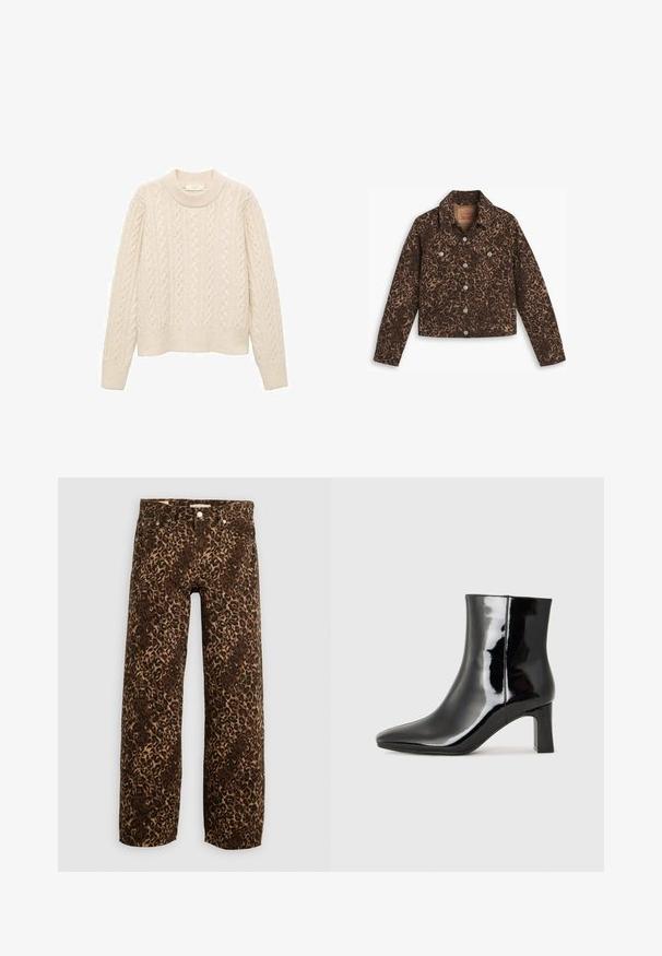 Veste en denim imprimée léopard avec un col, fermeture à boutons, deux poches avant et un design court dans des tons de marron et de noir.; Pull en maille torsadée crème avec un col rond, des manches longues et un ourlet côtelé. Fabriqué à partir d'un matériau en tricot doux et texturé.; Jean large en imprimé léopard marron et beige. Fabriqué en denim, avec une conception classique à cinq poches et des accents en métal.; Bottines en cuir verni noir avec un bout pointu et un talon block de hauteur moyenne. Texture lisse et design minimaliste.