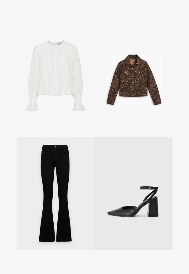 Denim jakna z leopardjim vzorcem, ki vključuje ovratnik, gumbasto zapiranje, dva sprednja žepa in skrajšan dizajn v rjavih in črnih tonih.; Bela bluzica s teksturiranim diamantom in napihnjenimi rokavi s smockanimi manšetami. Okrogla izrez; lahka, zračna tkanina.; Črne visokotopne kavbojke z gumbom in zadrgo, sprednjimi žepi in razširjenimi hlačnicami, poleg bel background.; Črne usnjene klasične čevlje z ostrim nosom, z zaponko za gleženj in debelim peto. Ravna tekstura, eleganten dizajn in minimalistična estetika.