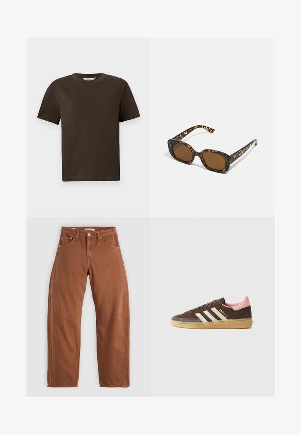 Leopardmønstret denimjakke med krave, knaplukning, to forlommer og cropped design i brune og sorte nuancer.; Mørkebrun bomulls t-skjorte med rund hals, korte ermer og en avslappet passform. Enkelt design uten synlige mønstre eller detaljer.; Rostbrune rett-skaftede jeans med front- og baklommer, metallnitter, knappeåpning og beltehemper, lagt flatt på en hvit bakgrunn.; adidas Originals HANDBALL SPEZIAL UNISEX - Joggesko - dark brown/alumina/wonder mauve; Skilpaddeskall solbriller med en rund, kraftig ramme og brune linser. Har subtile mønstre og rett, avsmalnende armer.