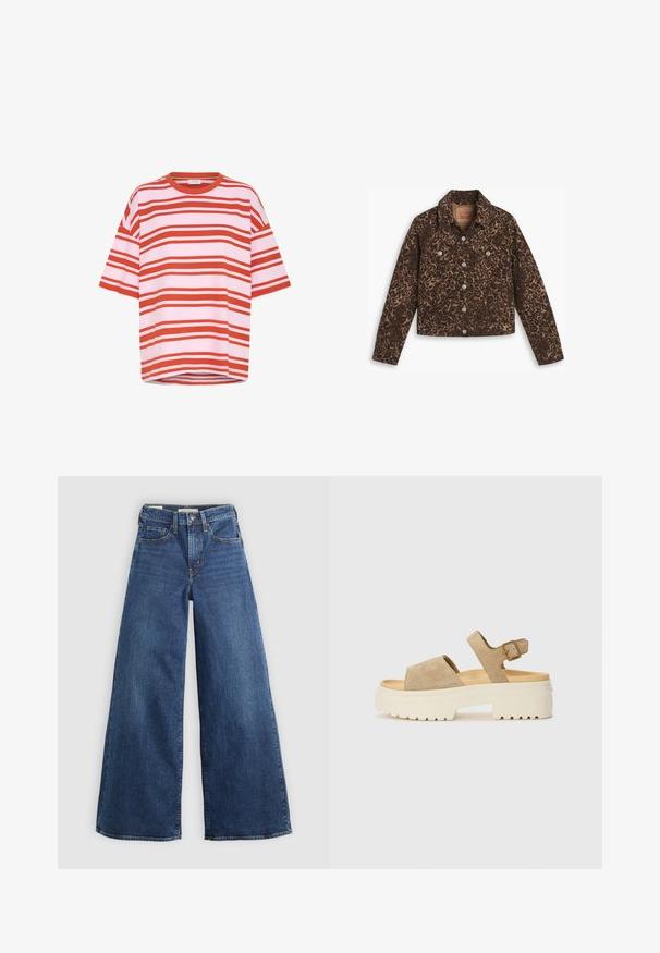 Denim jakna z leopardjim vzorcem, ki vključuje ovratnik, gumbasto zapiranje, dva sprednja žepa in skrajšan dizajn v rjavih in črnih tonih.; Rdeče in bele črtaste majice s kratkimi rokavi, narejene iz mehke tkanine, s sproščenim krojem in okroglim izrezom, s horizontalnimi črtami.; Široke jeans hlače iz modrega denima z petimi žepi, zapiranjem na gumb in kontrastnim šivanjem, ki se ponašajo z mehko in teksturirano obdelavo.; Suede sandale v svetli bež barvi z širokim trakom in nastavljivim zaponko okoli gležnja. Masiven bel podplat z teksturiranim profilom za oprijem.