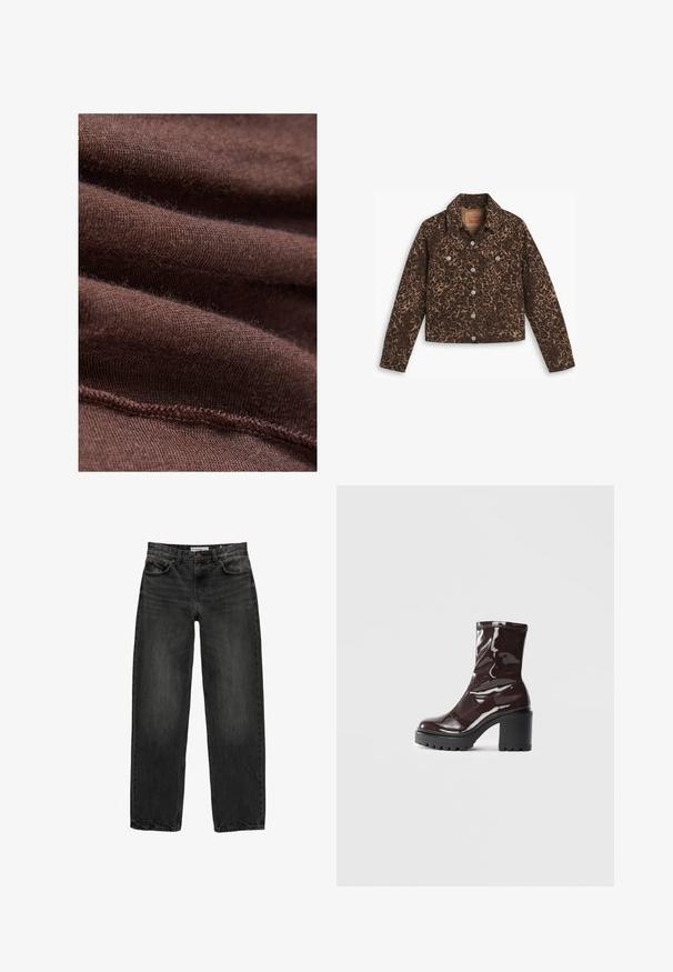 Džínová bunda s leopardím potiskem, která má límec, zapínání na knoflíky, dvě přední kapsy a zkrácený střih v hnědých a černých odstínech.; Hnědá tkanina s jemnou texturou, se subtilním, hustě tkaným vzorem. Švy jsou viditelné podél okrajů.; Černé džíny z denimu se uvolněným střihem, rovnými nohavicemi, pětikaškovým designem a lehce vybledlým vzhledem. Zapínání na knoflík a zip v přední části.; Lesklá bordó kotníková bota s masivním černým podpatkem, se hladkým povrchem a jednoduchým designem. Žádné viditelné zapínání ani vzory.