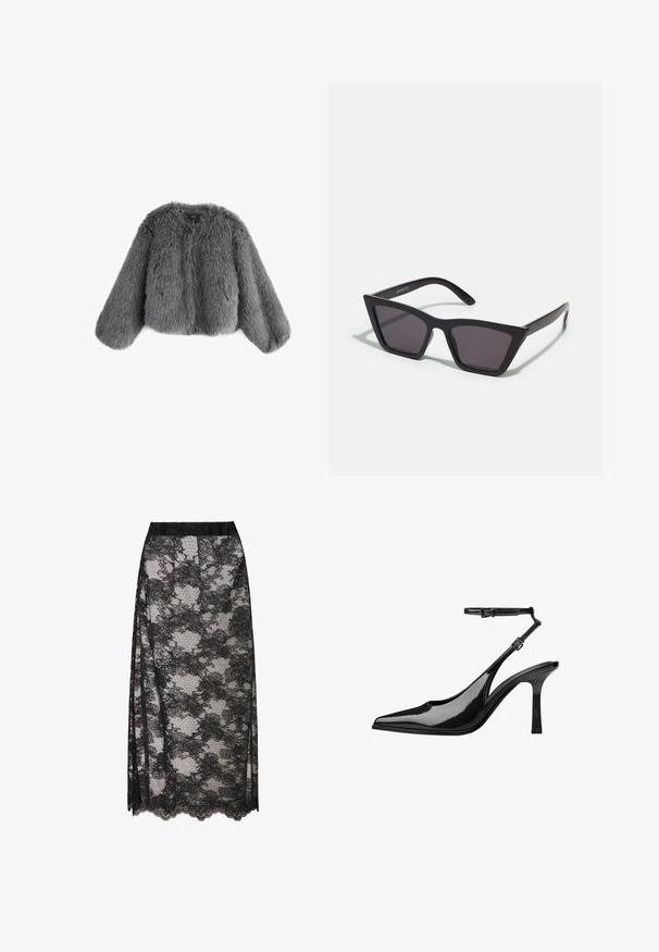 Szara kurtka z krótkiego futra syntetycznego, z długimi puchatymi rękawami i okrągłym dekoltem, wyłożona na płasko na białym tle.; Czarny, prążkowany top z golfem, krótki rękaw, dopasowany krój, miękka faktura, minimalne szwy i wysoki kołnierz.; Czarna koronkowa spódnica z falbaniastym dołem, z kwiatowym wzorem i przezroczystą teksturą. Elastyczny pas zapewniający wygodę noszenia.; Czarne lakierowane czółenka typu slingback z wydłużonym czubkiem, z paskiem wokół kostki i średnim obcasem szpilkowym. Gładka, błyszcząca powierzchnia o eleganckim designie.; Czarne, kanciaste okulary przeciwsłoneczne z szarymi soczewkami; wykonane z plastiku, z grubymi zausznikami o gładkiej powierzchni i bez widocznych elementów metalowych.; Czarna skórzana torebka o zaokrąglonym, wyprofilowanym kształcie, z zapięciem na zamek w kolorze złotym i pojedynczym regulowanym paskiem. Gładka faktura.