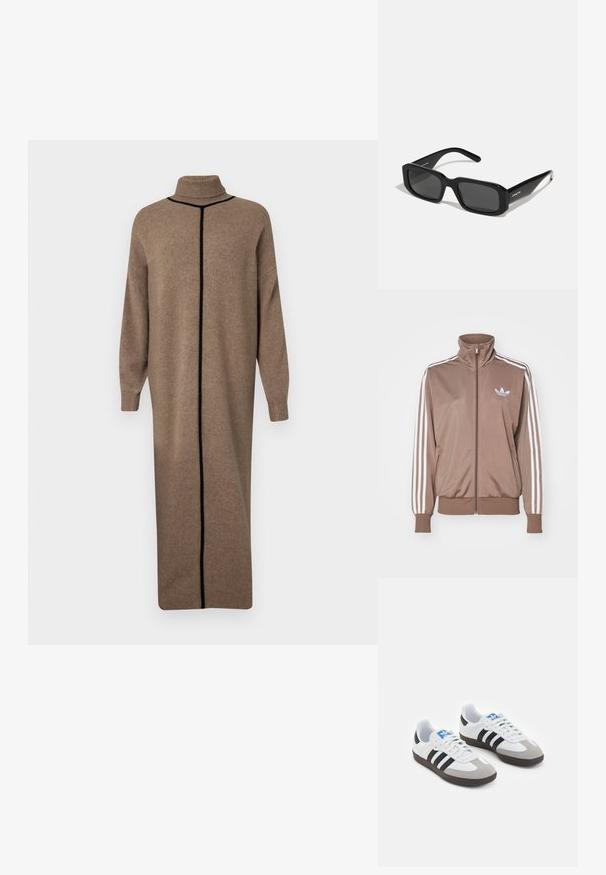Hnědá sportovní bunda s vysokým límcem, bílý design se třemi pruhy na rukávech, zipové zapínání a malé vyražené logo na hrudi.; Hnědý pletený svetr s vysokým límcem a dlouhými rukávy. Obsahuje kontrastní černý vertikální šev po přední straně. Volný, rovný střih.; Sportovní boty s bílým koženým svrškem, šedou semišovou špičkou a třemi černými pruhy. Obsahují modré logo na jazyku a texturovanou gumovou podrážku.; Arnette THEKIDD UNISEX - Sluneční brýle - black