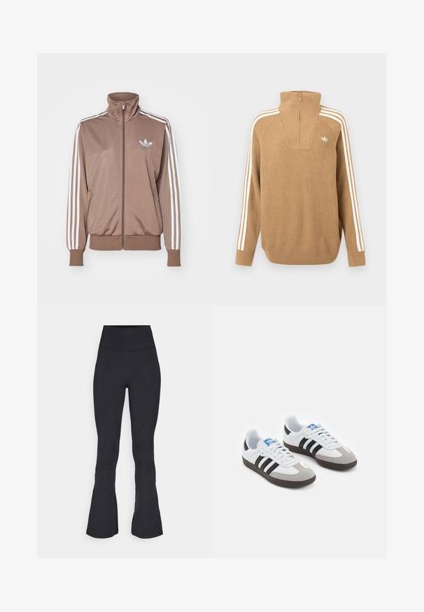 Brun jakke med høy krage, hvit tre-stripes design på ermene, glidelås foran og en litenpreget logo på brystet.; Brunstripete genser med høy krage og halv glidelås, med tre hvite striper langs ermene og en liten logo på brystet.; Svarte bøyde tights laget av elastisk stoff, med høy midje, glatt tekstur og subtile sømdetaljer.; Sportssko med en hvit skinnoverdel, grå semsket tå og tre svarte striper. Har en blå logo på tungen og en teksturert gummisåle.
