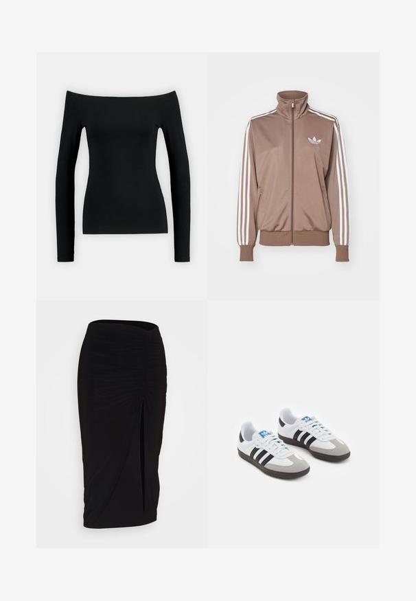 Brun trackjakke med høj krave, hvid tre-stribet design på ærmerne, lynlåslukning og et lille præget logo på brystet.; Sort langærmet top med off-shoulder design. Fremstillet af glat stof, har det en tætsiddende form og sømløs konstruktion.; Sort, rynket blyantskørt med bindebånd og en sidelæg. Fremstillet af et strækbart stof, der har en glat overflade og en tætsiddende pasform.; Sportsko med en overdel i hvid læder, grå ruskind på tåen og tre sorte striber. Har et blåt logo på tungen og en struktureret gummisål.