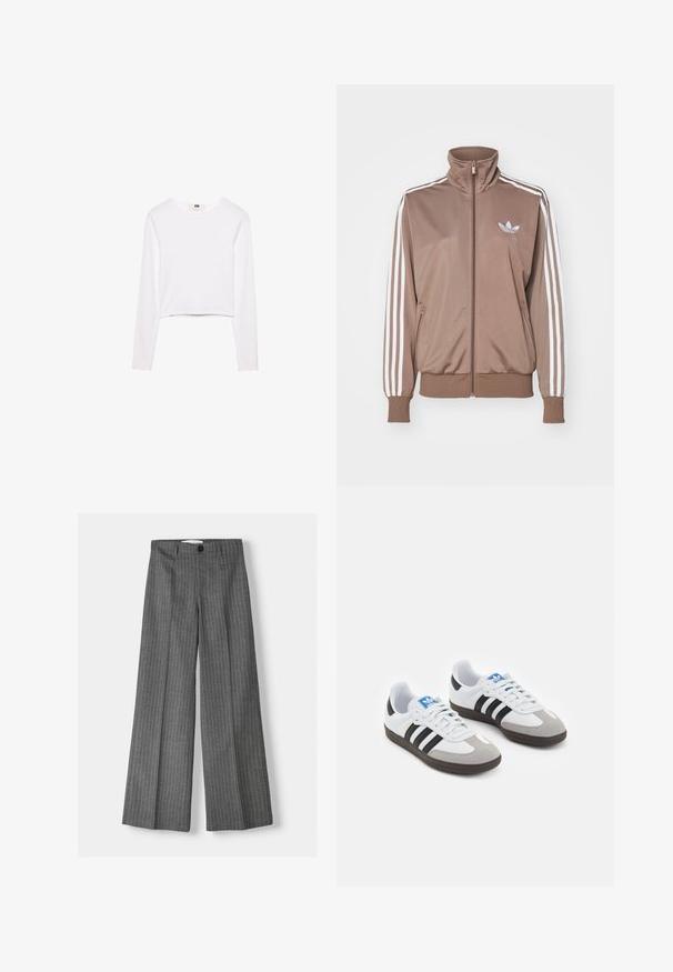 Ruskea urheilutakki korkealla kauluksella, valkoiset kolme raitaa hihoissa, vetoketjusuljenta ja pieni kohokuvioitu logo rinnassa.; Valkoinen pitkähihainen crop-top, joka on valmistettu pehmeästä kankaasta. Siinä on pyöreä pääntie ja yksinkertainen, tyylikäs muotoilu ilman kuvioita tai koristeita.; Harmaat leveät housut, joissa on pinnastripe-kuvio, napilla suljettavat ja kaksi etutaskua. Valmistettu tekstuuripinnoitteisesta kankaasta.; Urheilukengät, joissa on valkoinen nahkainen päällinen, harmaa mokkanokka ja kolme mustaa raitaa. Ominaisuuksina sininen logo kielekkeessä ja kuvioitu kumipohja.