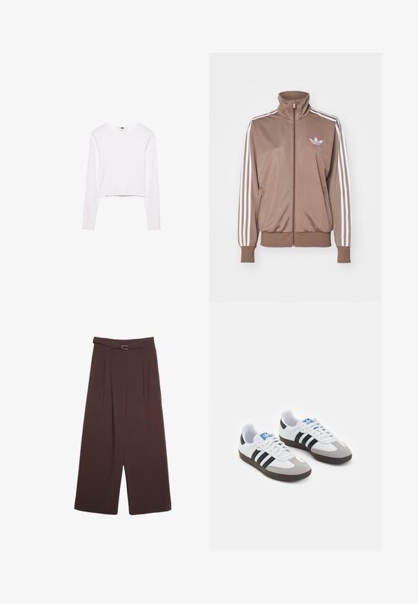 Braune Trainingsjacke mit hohem Kragen, weißem Drei-Streifen-Design an den Ärmeln, Reißverschluss und kleinem geprägtem Logo auf der Brust.; Weißes Langarm-Crop-Top aus weichem Stoff. Verfügt über einen runden Halsausschnitt und ein einfaches, elegantes Design ohne Muster oder Verzierungen.; Stradivarius WIDE-LEG WITH BUCKLE DETAIL  - Stoffhose - dark brown; Sportschuhe mit einem Obermaterial aus weißem Leder, grauer Wildleder-Zehenkappe und drei schwarzen Streifen. Sie verfügen über ein blaues Logo auf der Zunge und eine strukturierte Gummisohle.